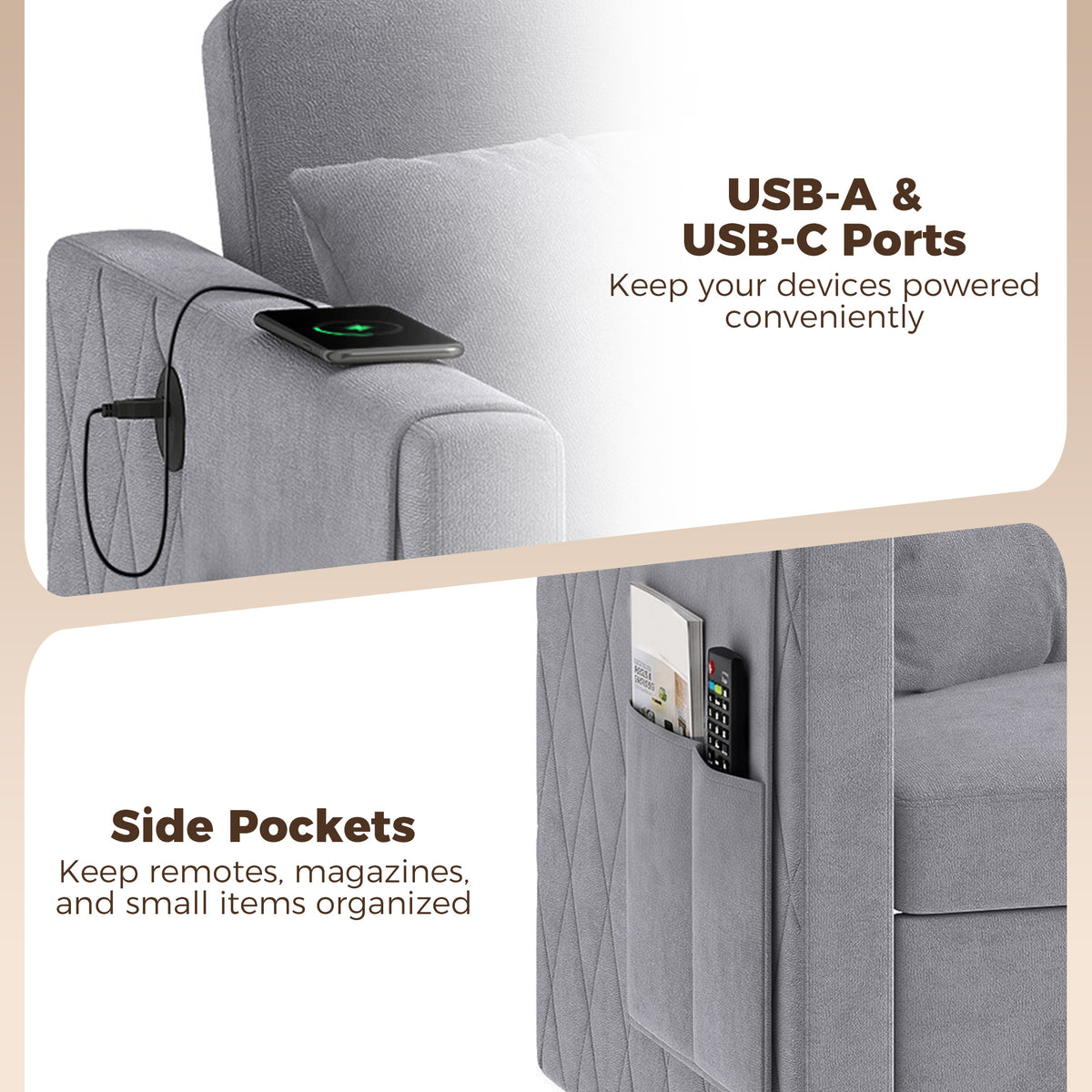 Canapé-lit convertible en velours avec ports USB
