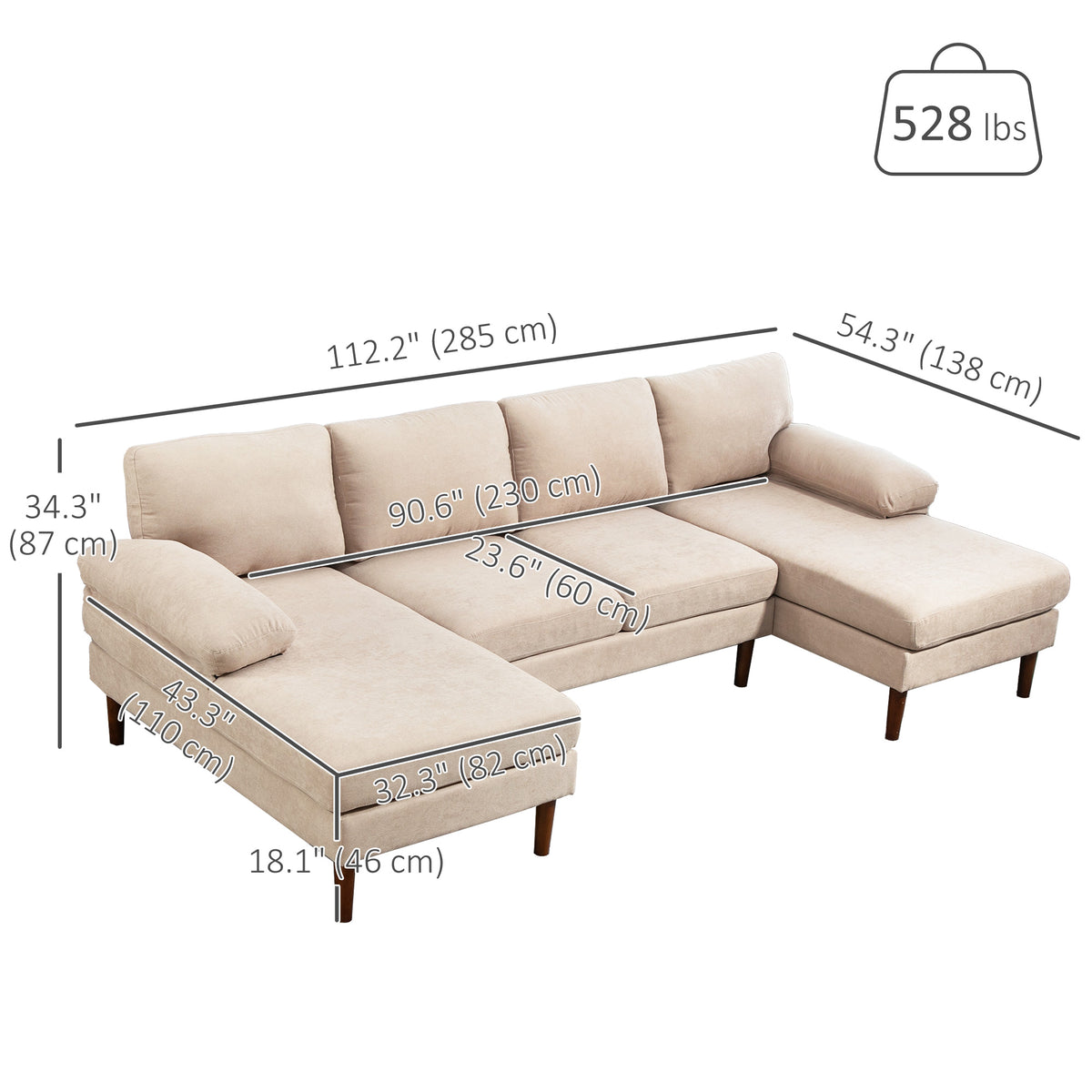 Sofa en U double méridienne 4 places — tissu lin