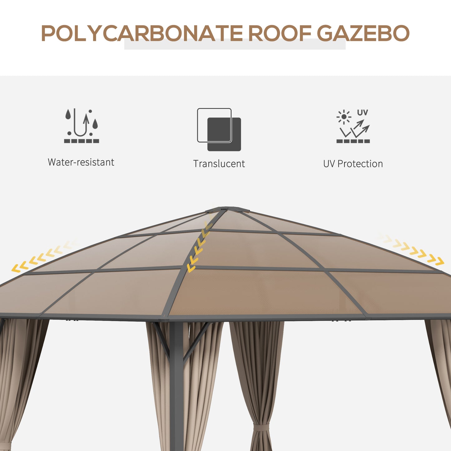 Gazebo toit rigide polycarbonate UV60+ avec rideaux