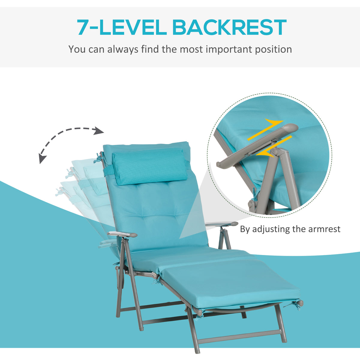 Chaise longue pliante extérieure à 7 positions avec coussin