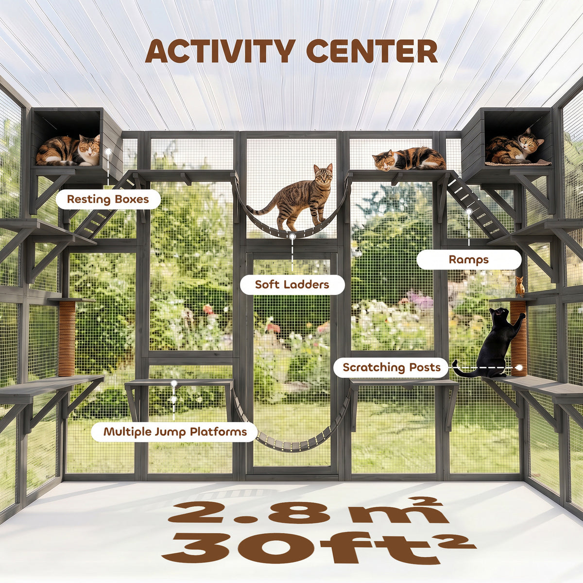 Grand enclos extérieur pour chat avec condos et plateformes