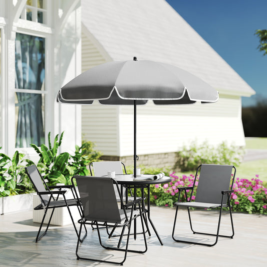 Ensemble repas extérieur 6 pièces avec parasol et table en verre