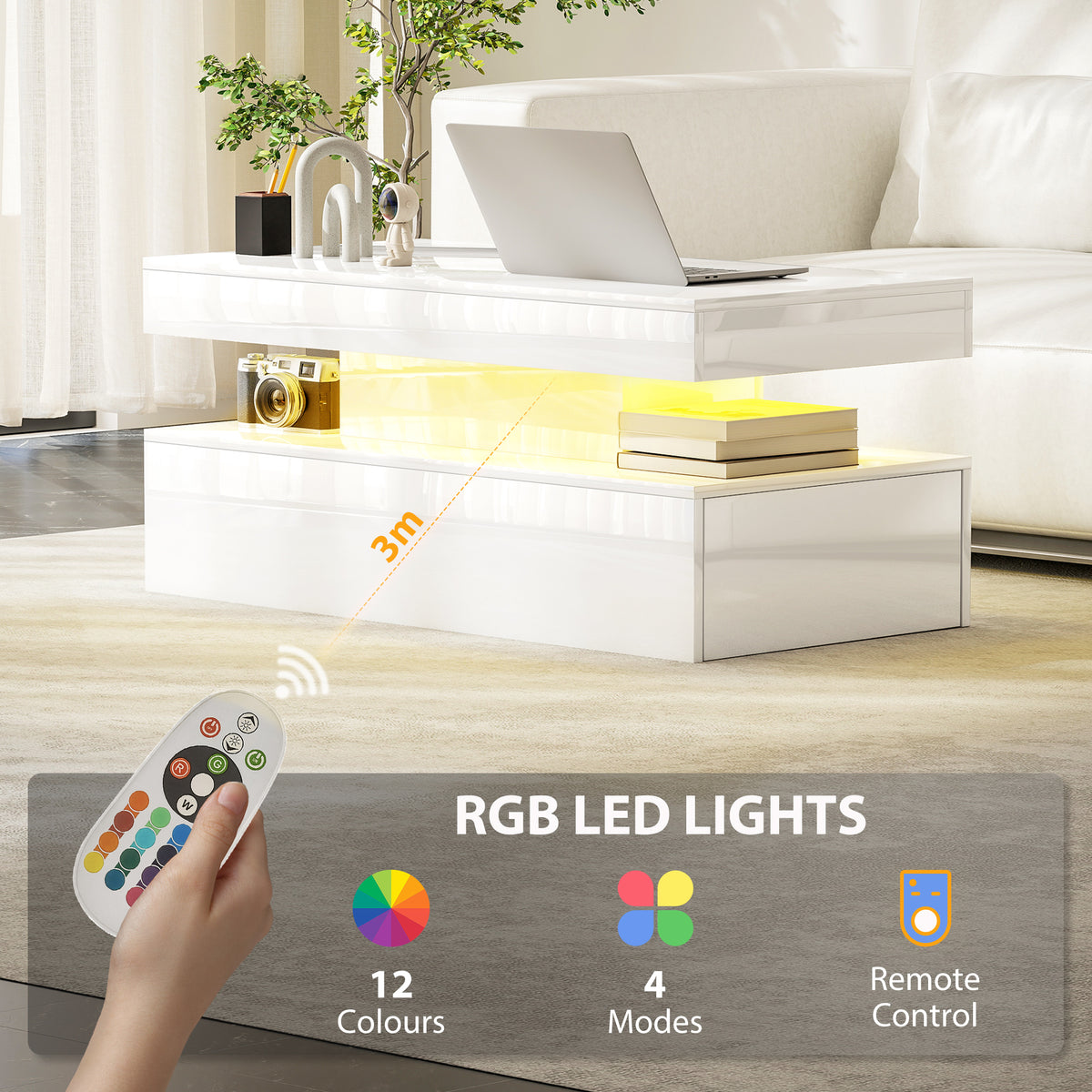 Table basse lumineuse à LED avec rangement