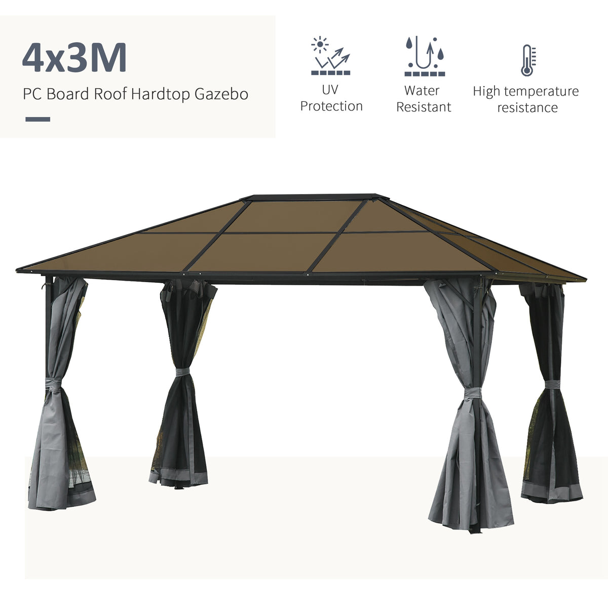 Gazebo aluminium toit rigide avec rideaux et moustiquaires