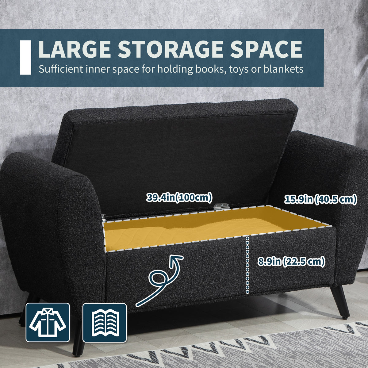 Banc de rangement capitonné moderne avec accoudoirs