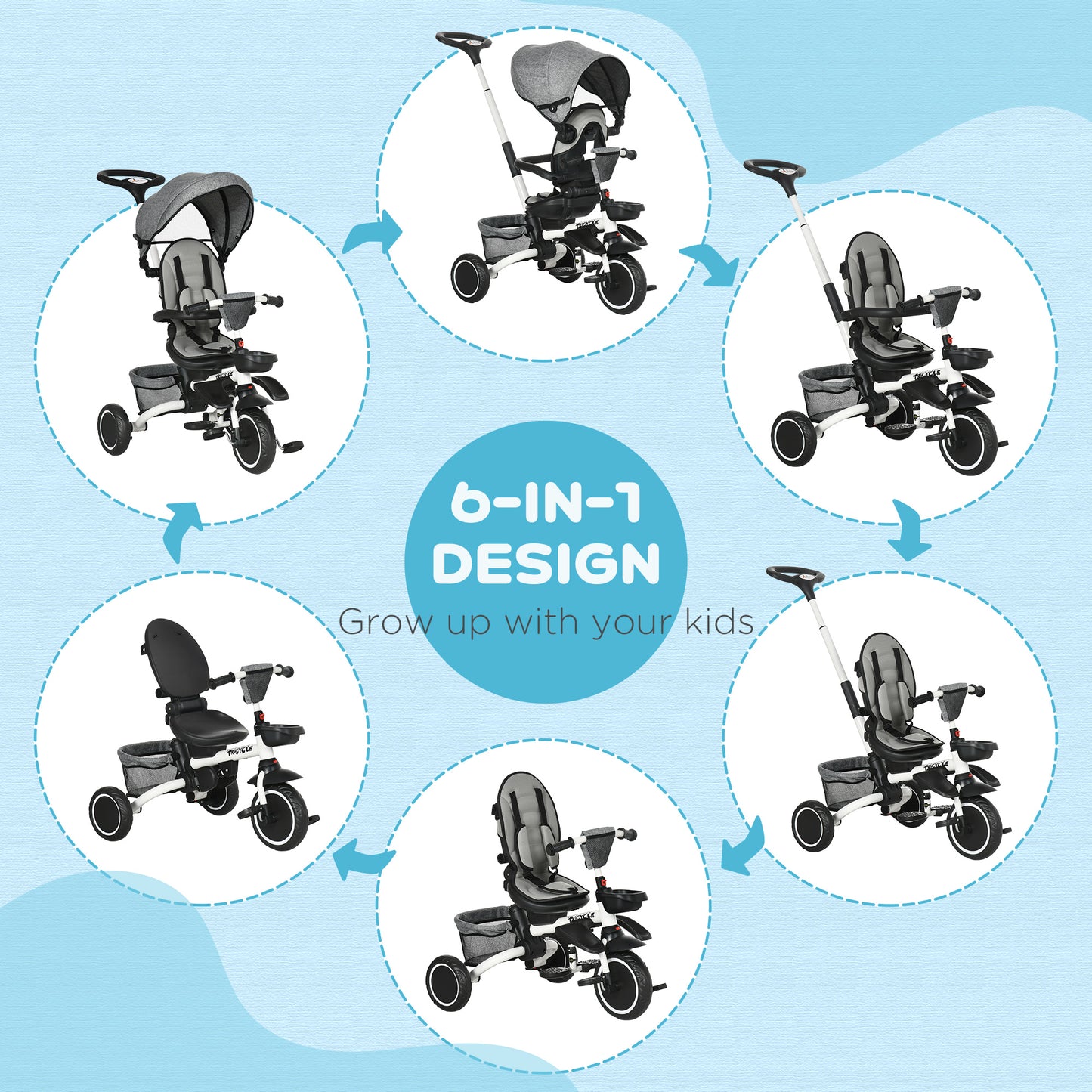 Tricycle évolutif 6-en-1 convertible poussette vélo enfant