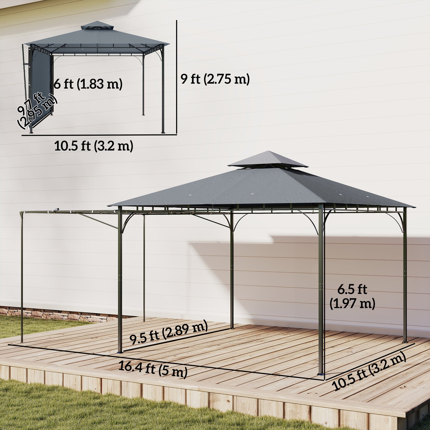 Gazebo de patio double toit avec auvent extensible