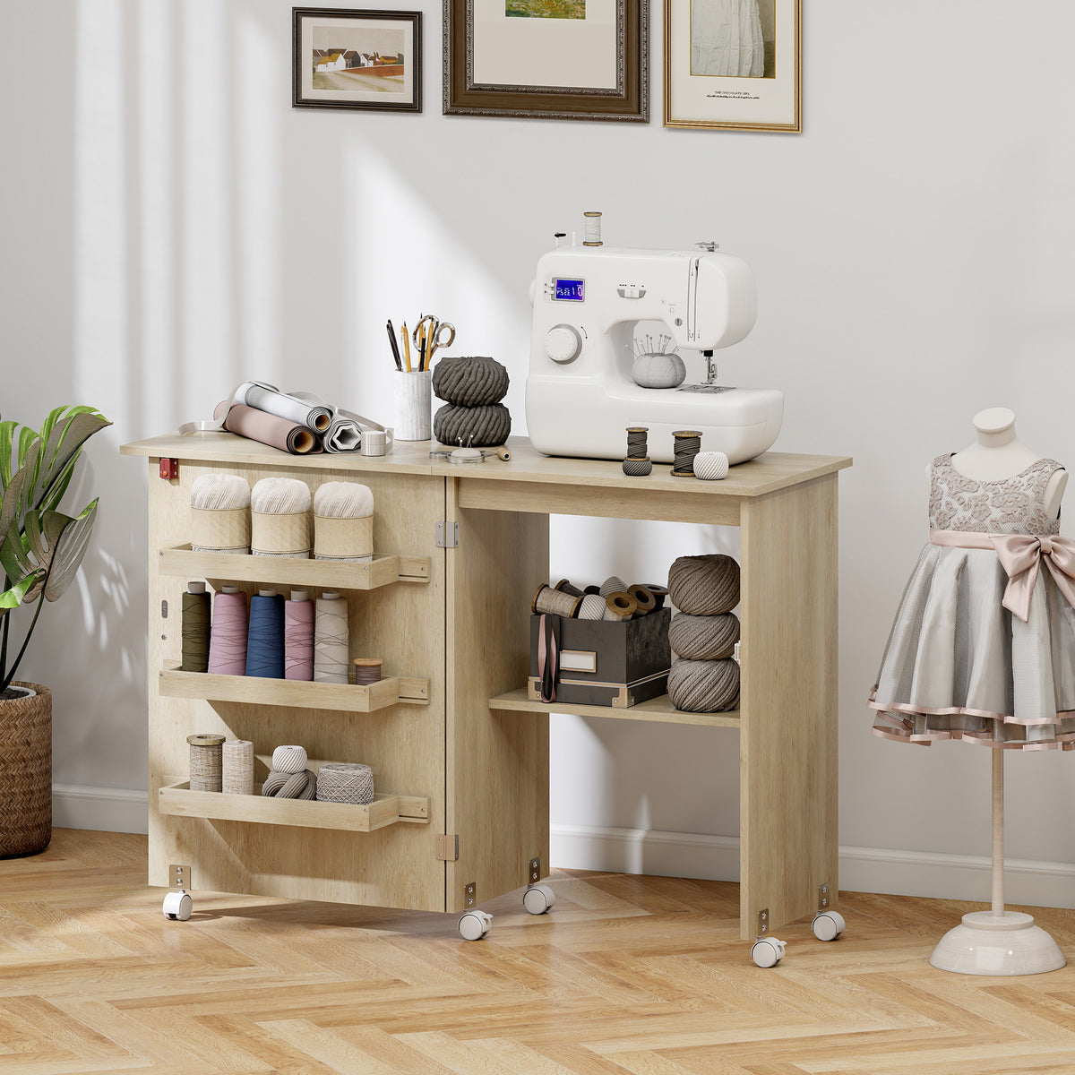 Meuble à coudre pliant avec rangement et roulettes