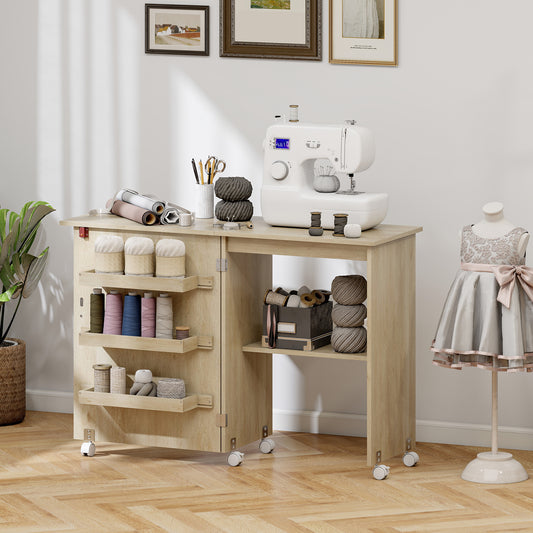 Meuble à coudre pliant avec rangement et roulettes