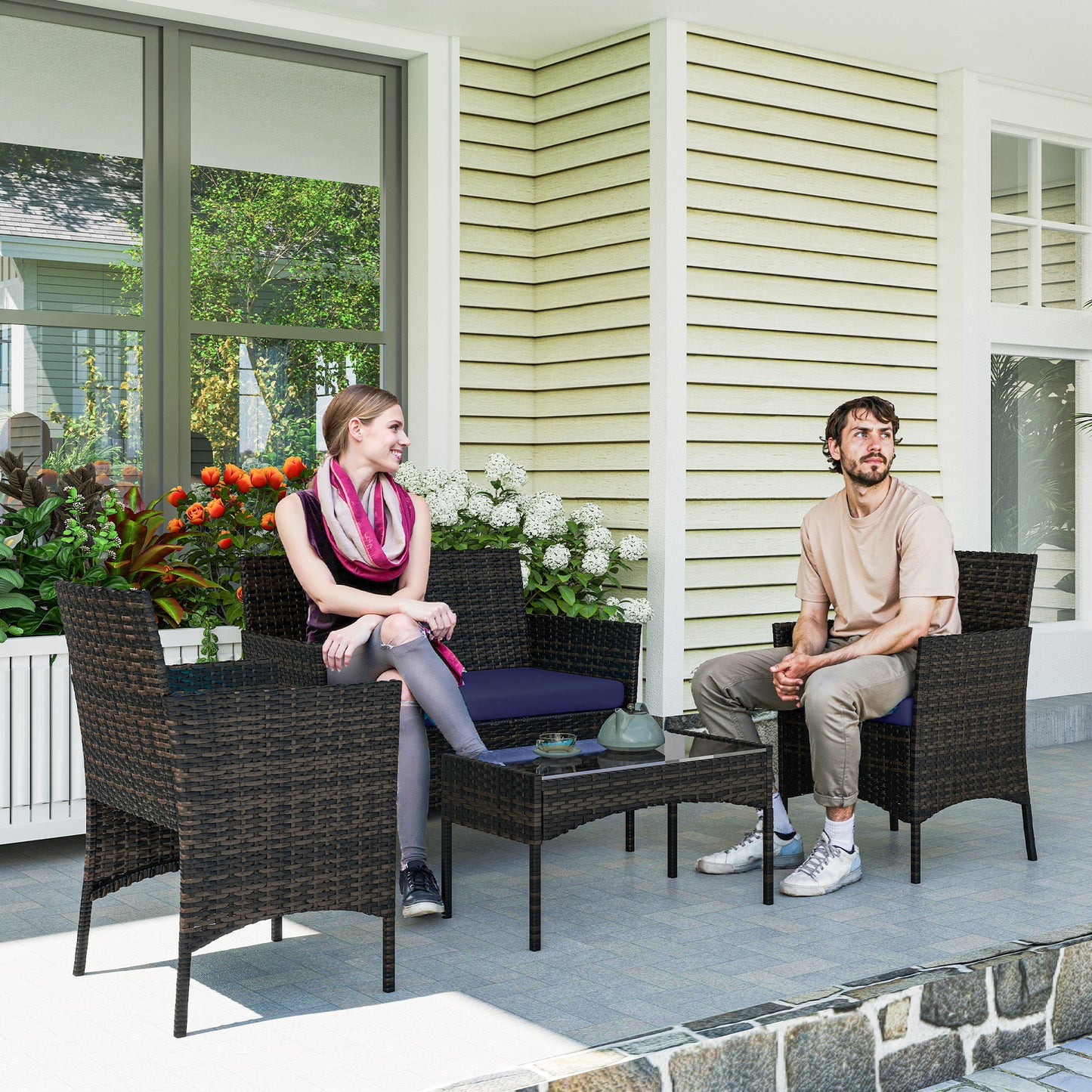 Outsunny 4-Piece Rattan Patio Set with Loveseat and Table Beige