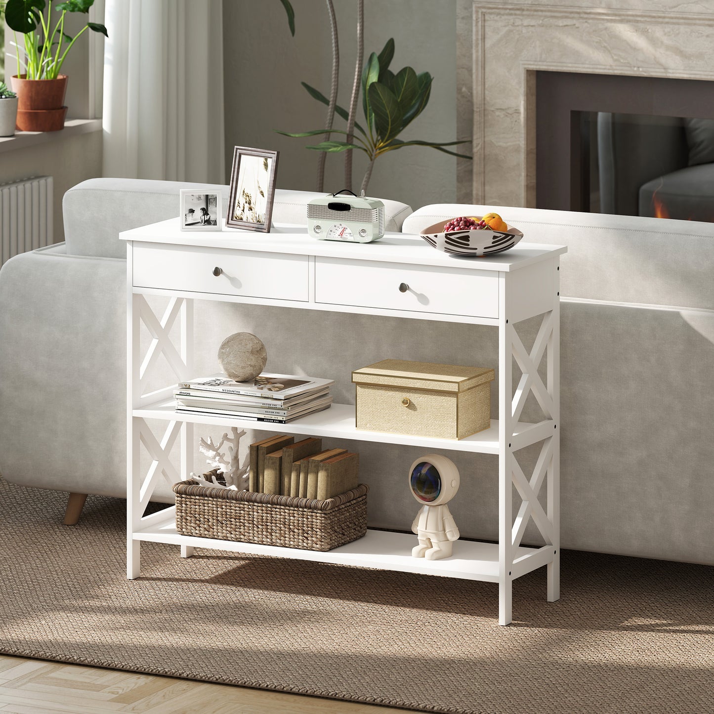 Table console étroite 99 cm avec tiroirs et étagères