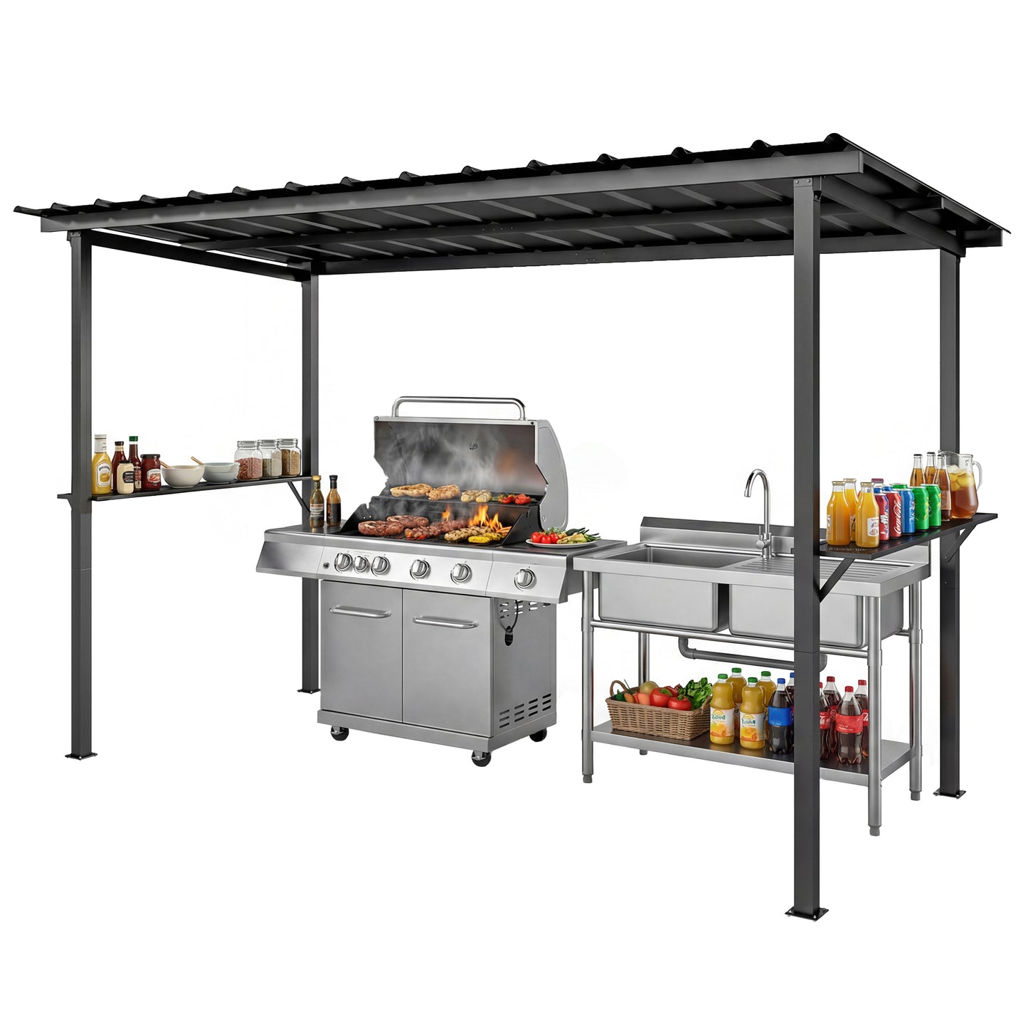 Gazebo BBQ toit rigide 366 x 183 cm avec tablettes