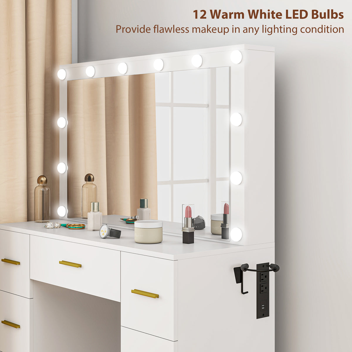 Coiffeuse avec miroir lumineux et 7 tiroirs