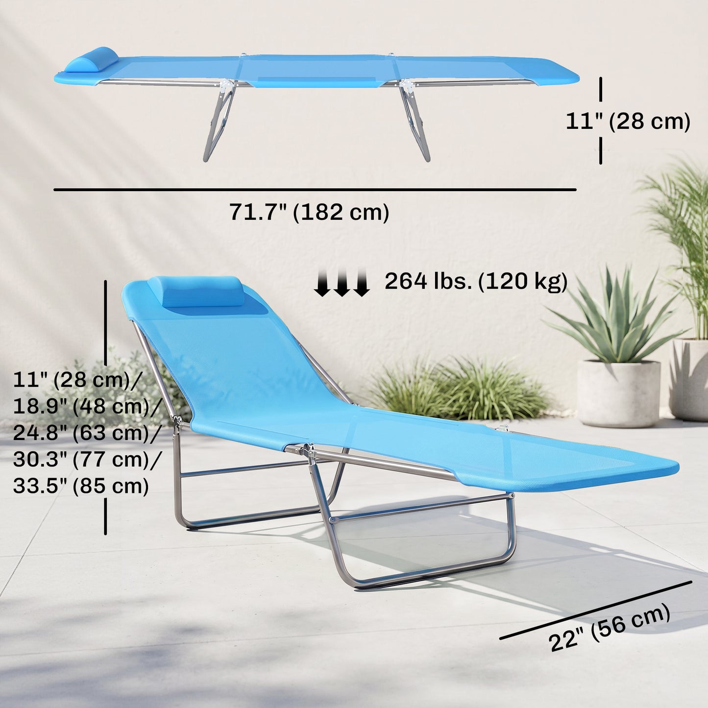 Chaise longue pliante réglable avec oreiller — extérieur