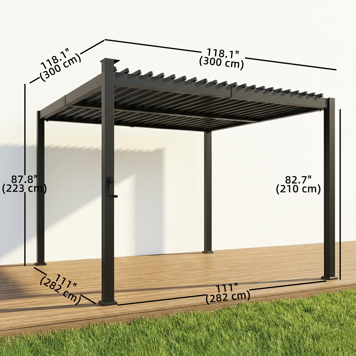 Pergola à lamelles avec éclairage solaire et toit métallique