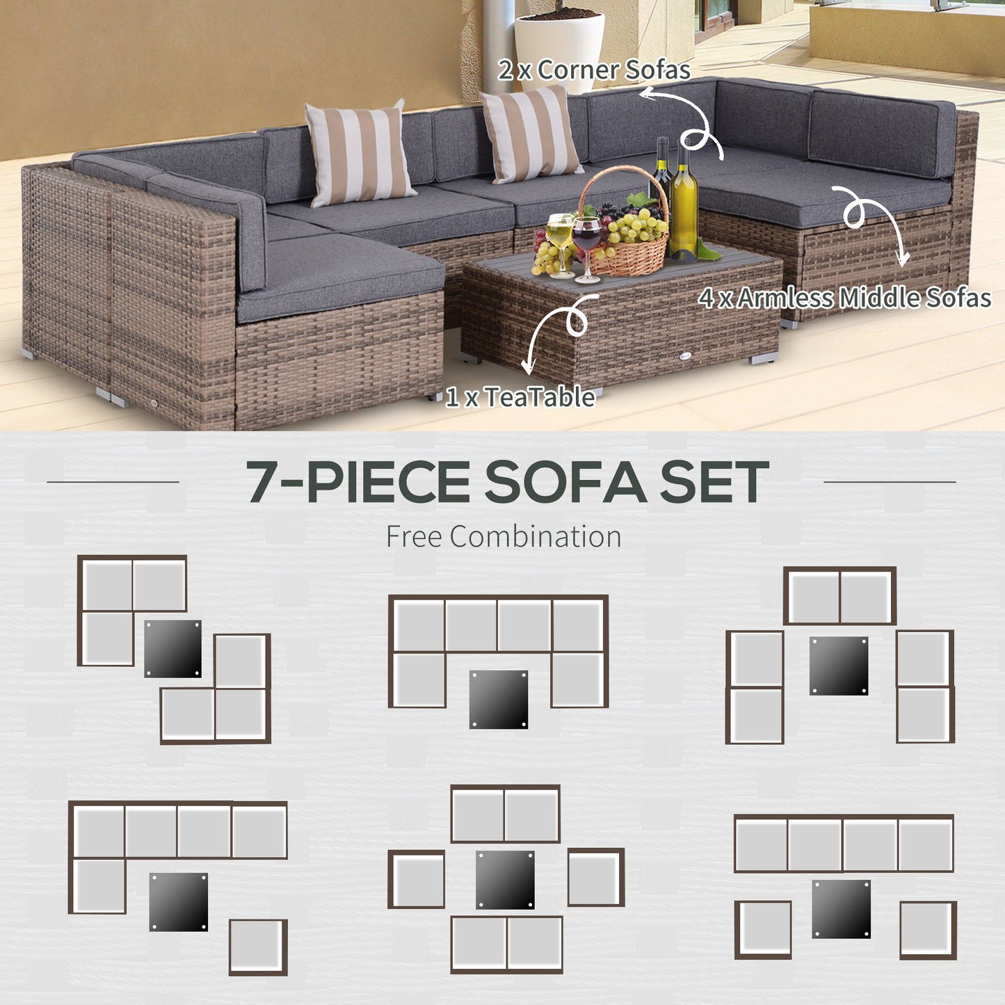 Outsunny 7-Piece Patio Set - Grey Rattan Sectional Sofa