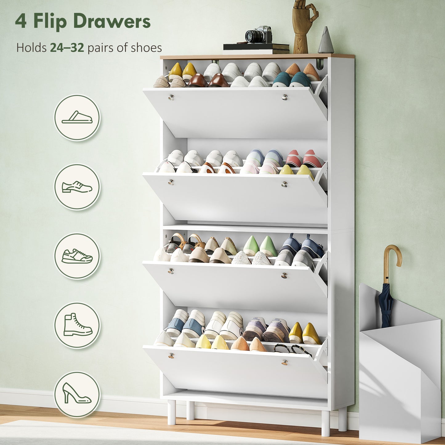 Armoire à chaussures étroite 4 tiroirs — 24 à 32 paires
