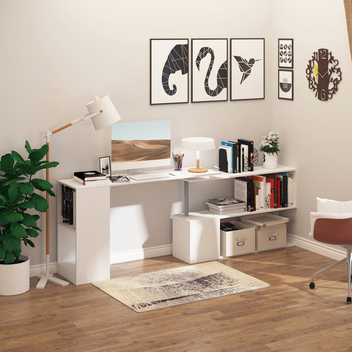 Bureau d'angle rotatif 360° avec étagères 3 niveaux