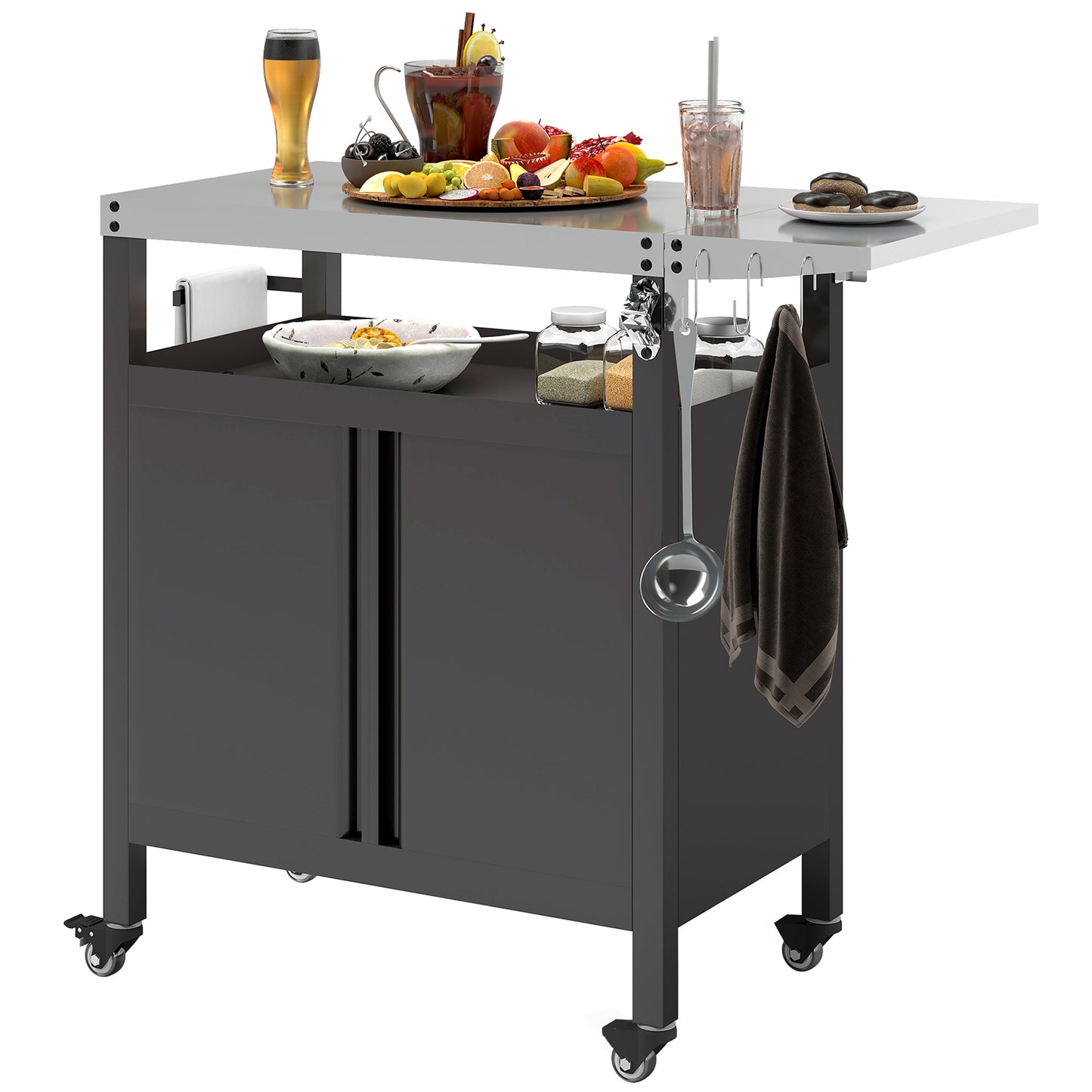 Chariot BBQ extérieur avec table pliante et dessus inox