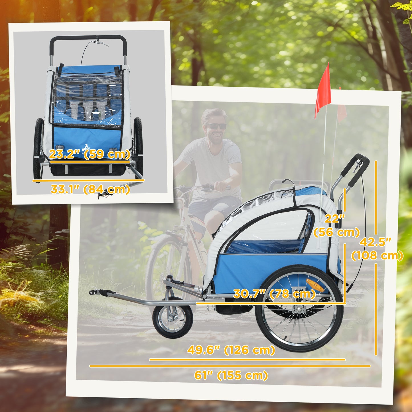 Remorque vélo enfants 2-en-1 avec poussette pliable