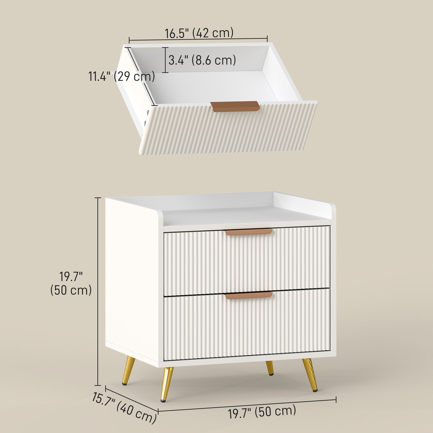Table de chevet avec 2 tiroirs et pieds métalliques
