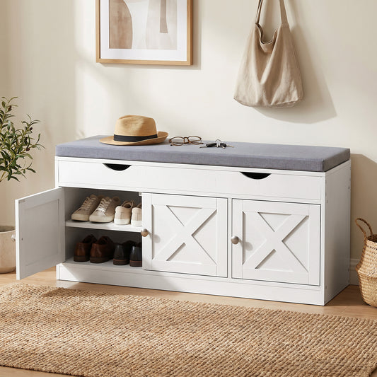 Banc à chaussures avec coussin et rangement à trois portes