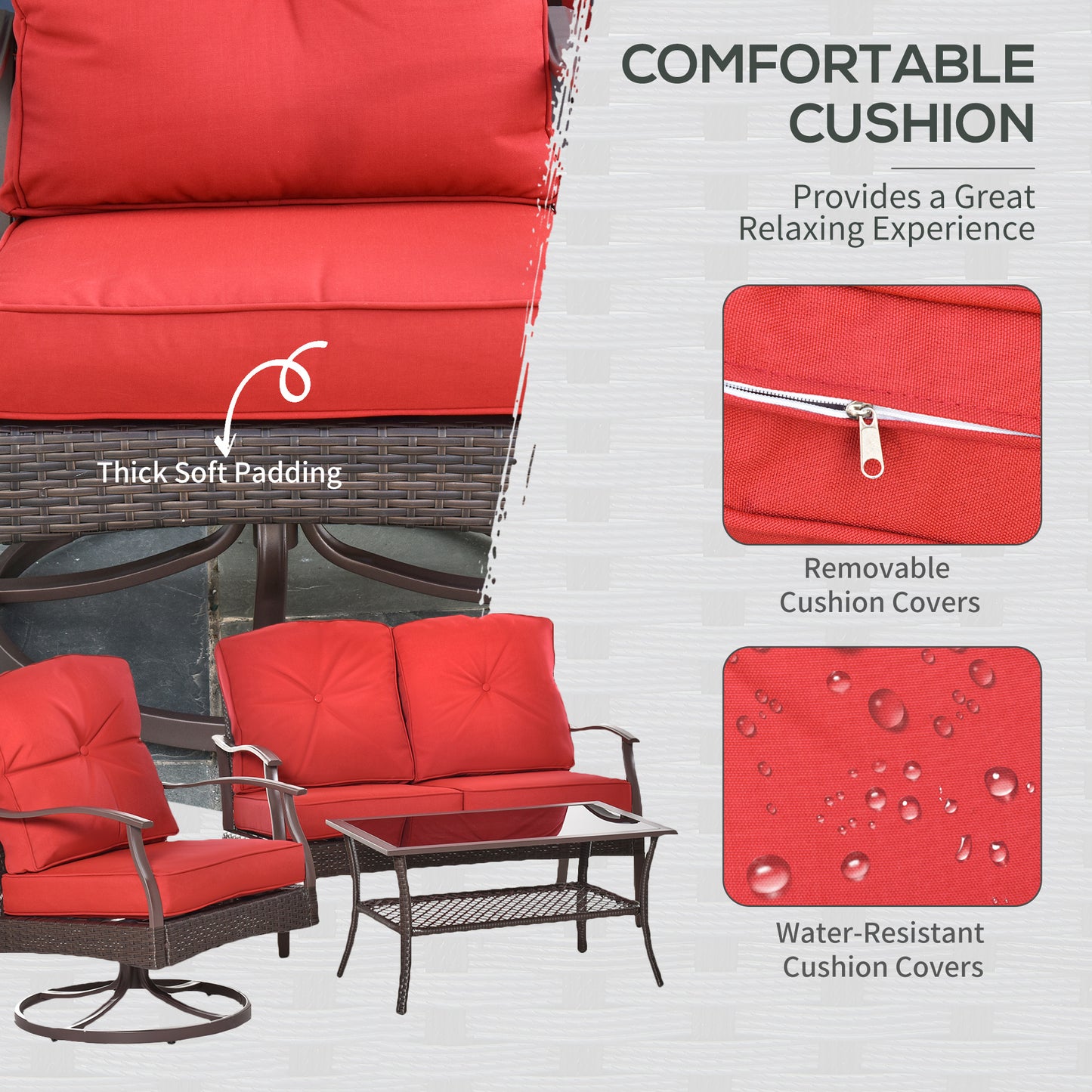 Outsunny 4 Piece Red PE Rattan Patio Set - Sofas + Coffee Table