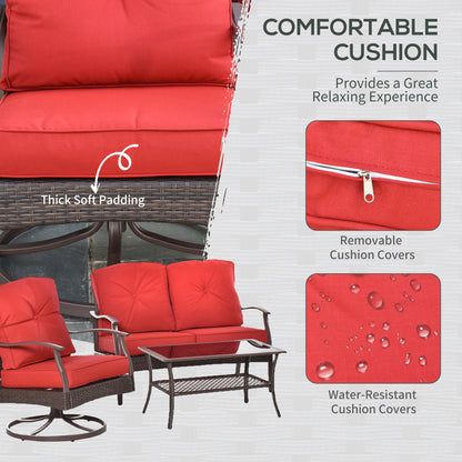 Outsunny 4 Piece Red PE Rattan Patio Set - Sofas + Coffee Table