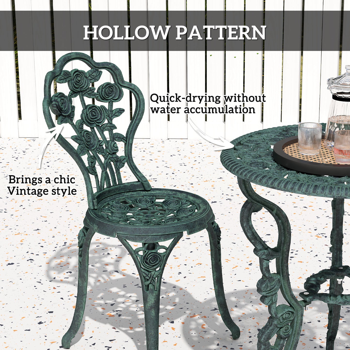 Ensemble bistro 3 pièces motifs floraux — vert antique