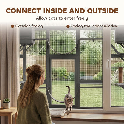 Grand enclos extérieur pour chat avec condos et plateformes