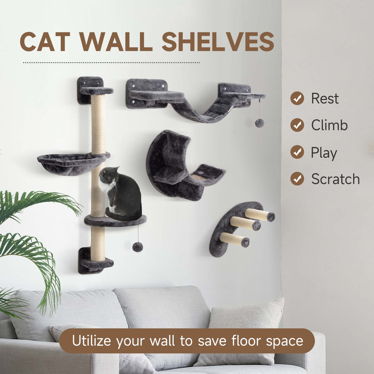 Ensemble mural de jeux pour chat avec griffoir — Lot de 4