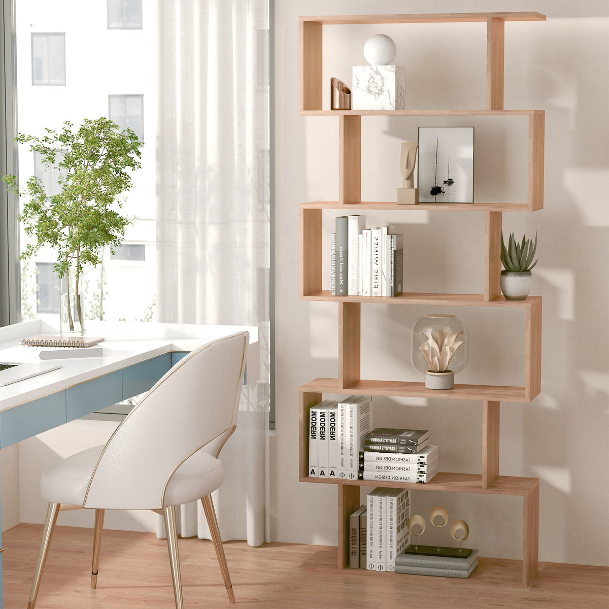 Bibliothèque géométrique moderne à 6 niveaux en bois
