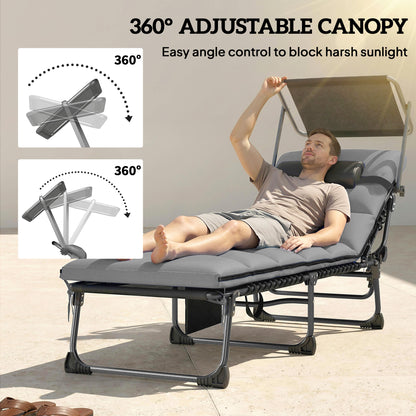 Chaise longue pliante avec auvent 5 positions — ensemble de 2