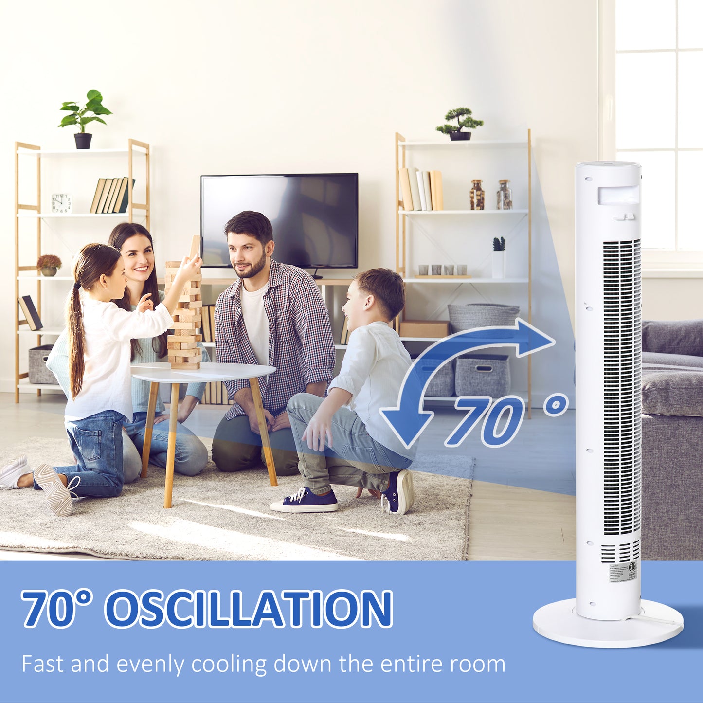 Ventilateur tour oscillant 3 vitesses minuterie 12h télécommande