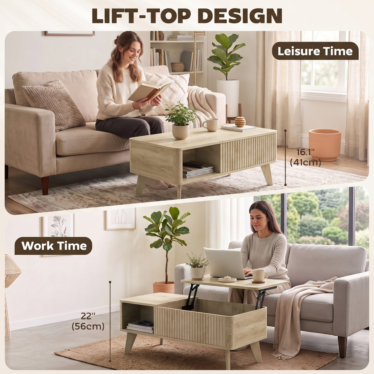 Table basse relevable cannelée 100 cm