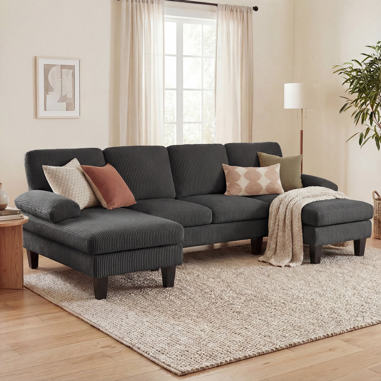 Sofa sectionnel en U avec double chaise en velours côtelé