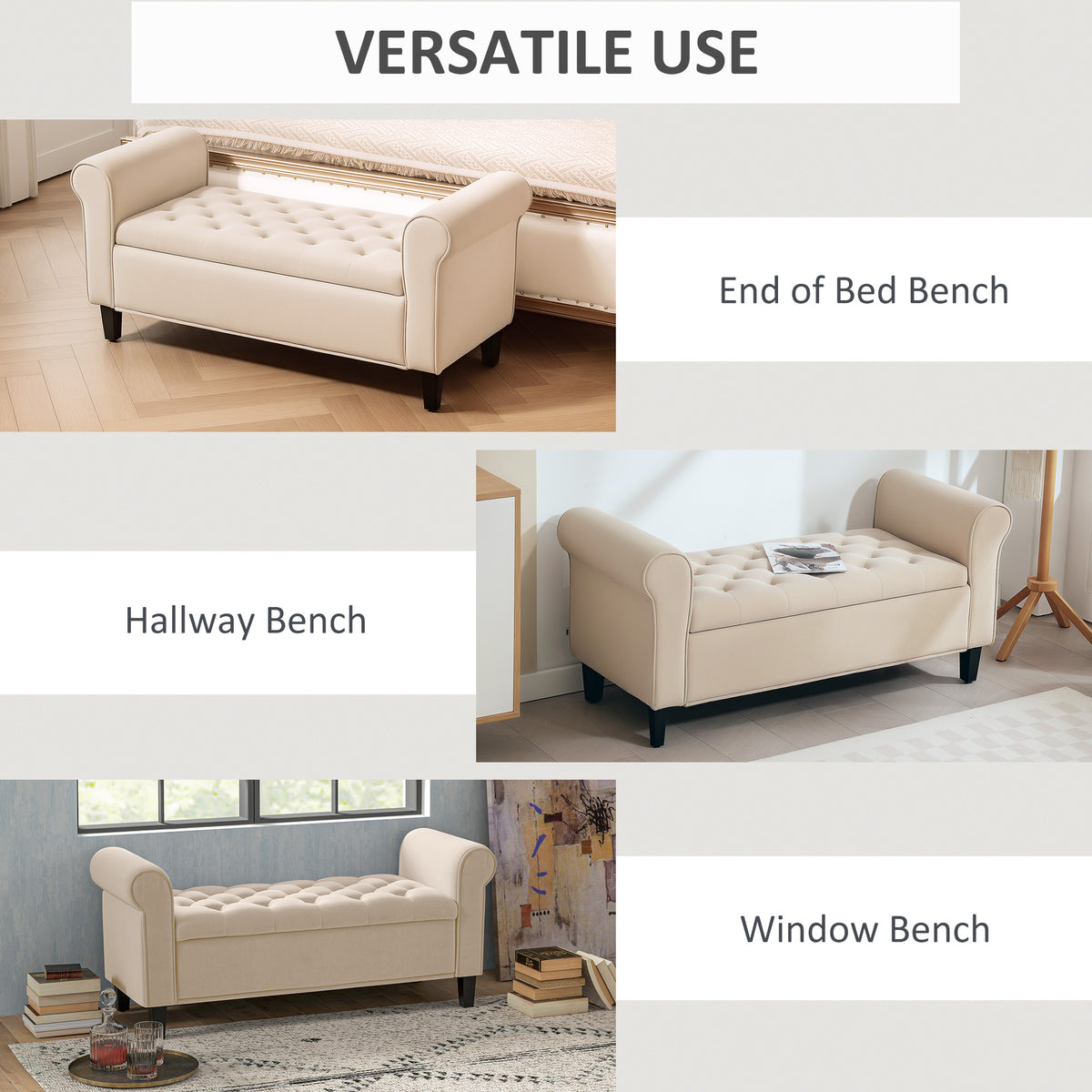 Banc de rangement capitonné avec accoudoirs