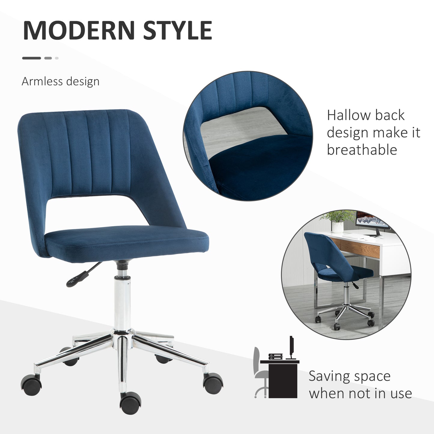 Chaise de bureau mi-hauteur velours forme festonnée pivotante