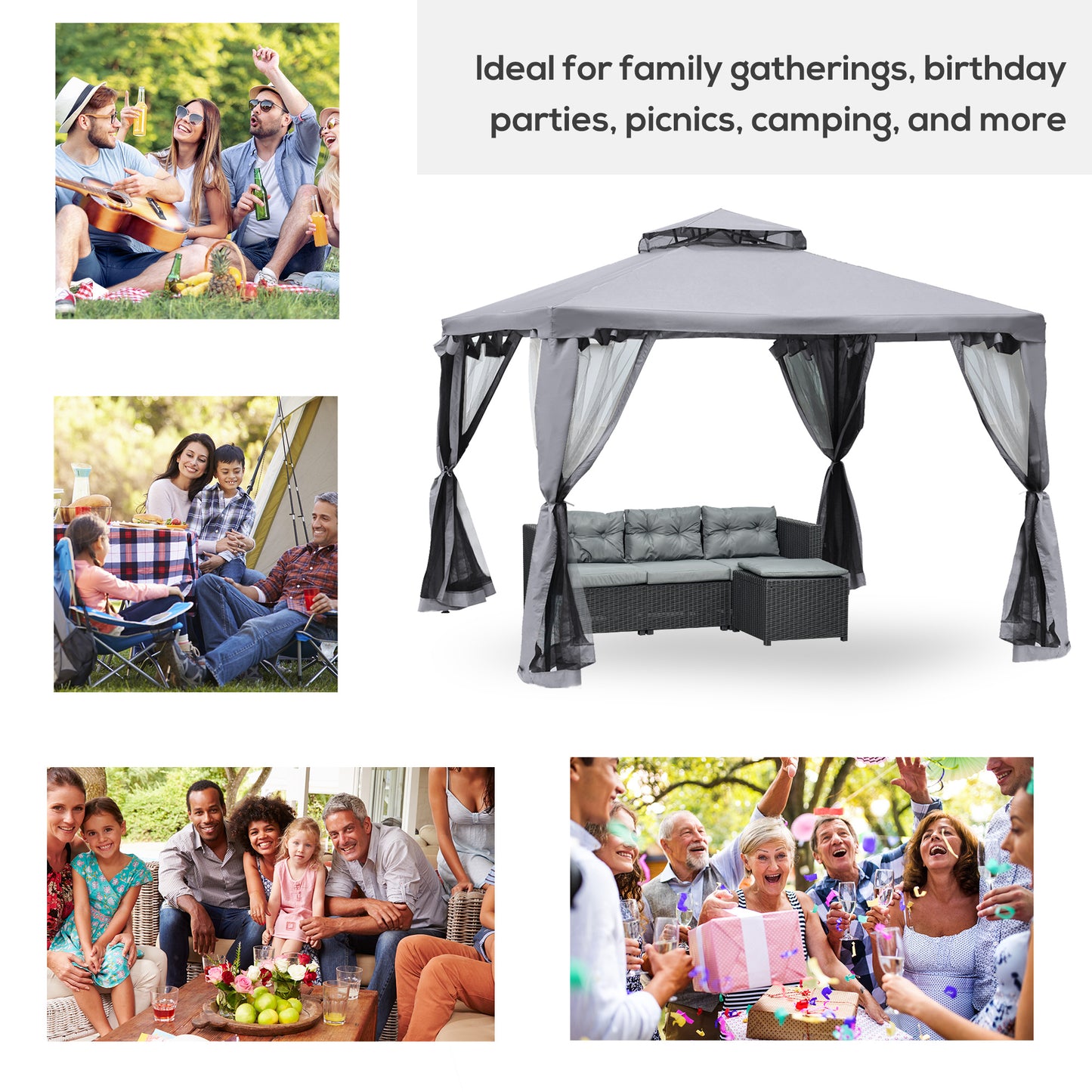 Gazebo patio toit double moustiquaire 2,9m x 2,9m