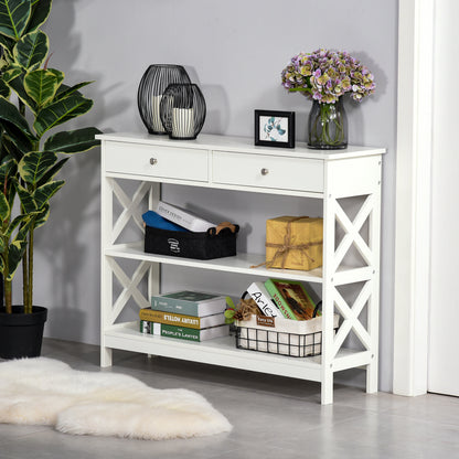 Table console étroite 99 cm avec tiroirs et étagères
