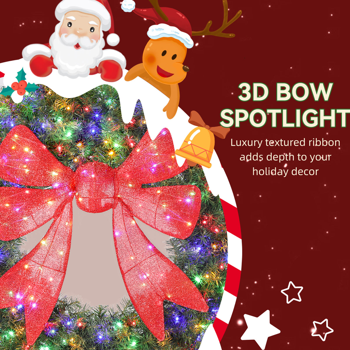 Couronne de Noël illuminée nœud 3D 91 cm