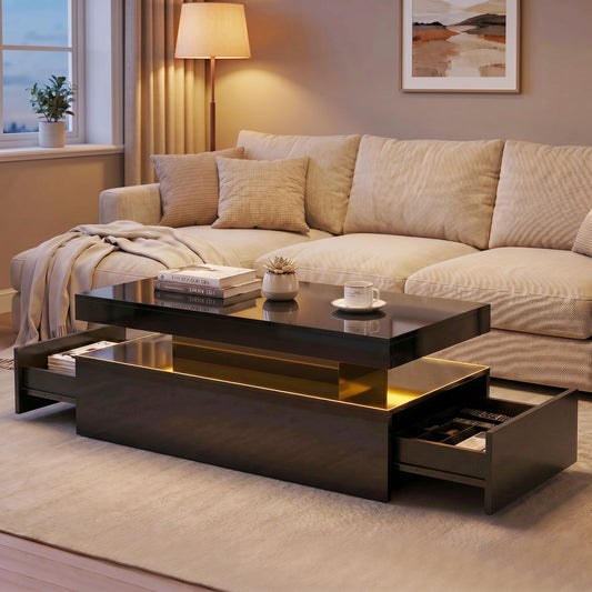 Table basse LED 2 tiroirs haute brillance