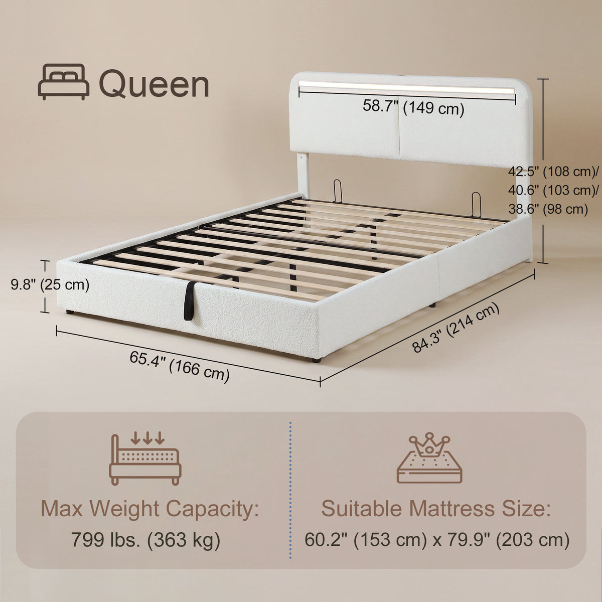 Lit Queen Plateforme avec Station de Charge et Rangement