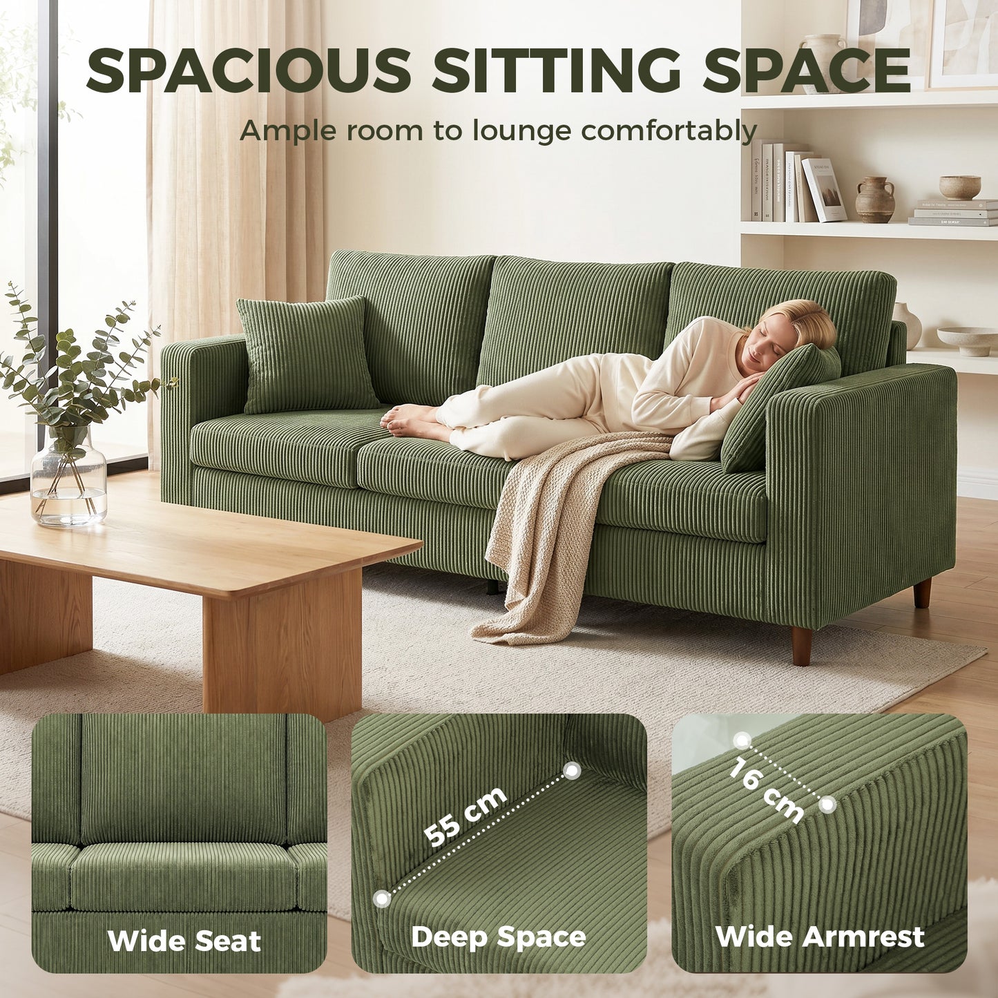 Sofa 3 places siège large et profond en velours côtelé