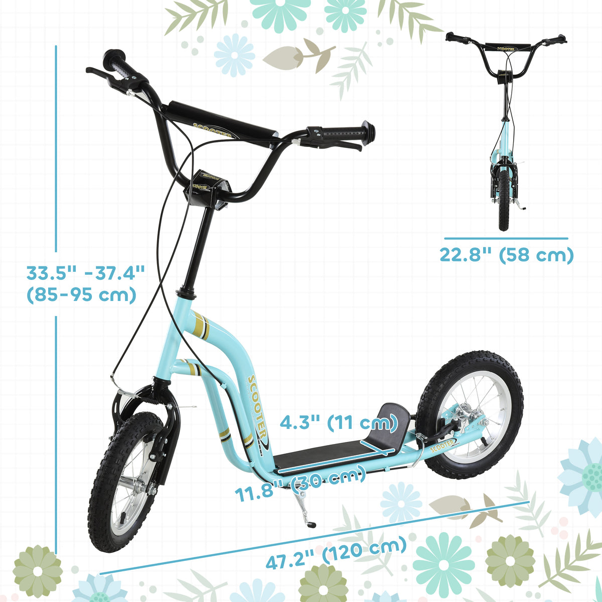 Trottinette pour enfants avec double frein et grandes roues gonflables