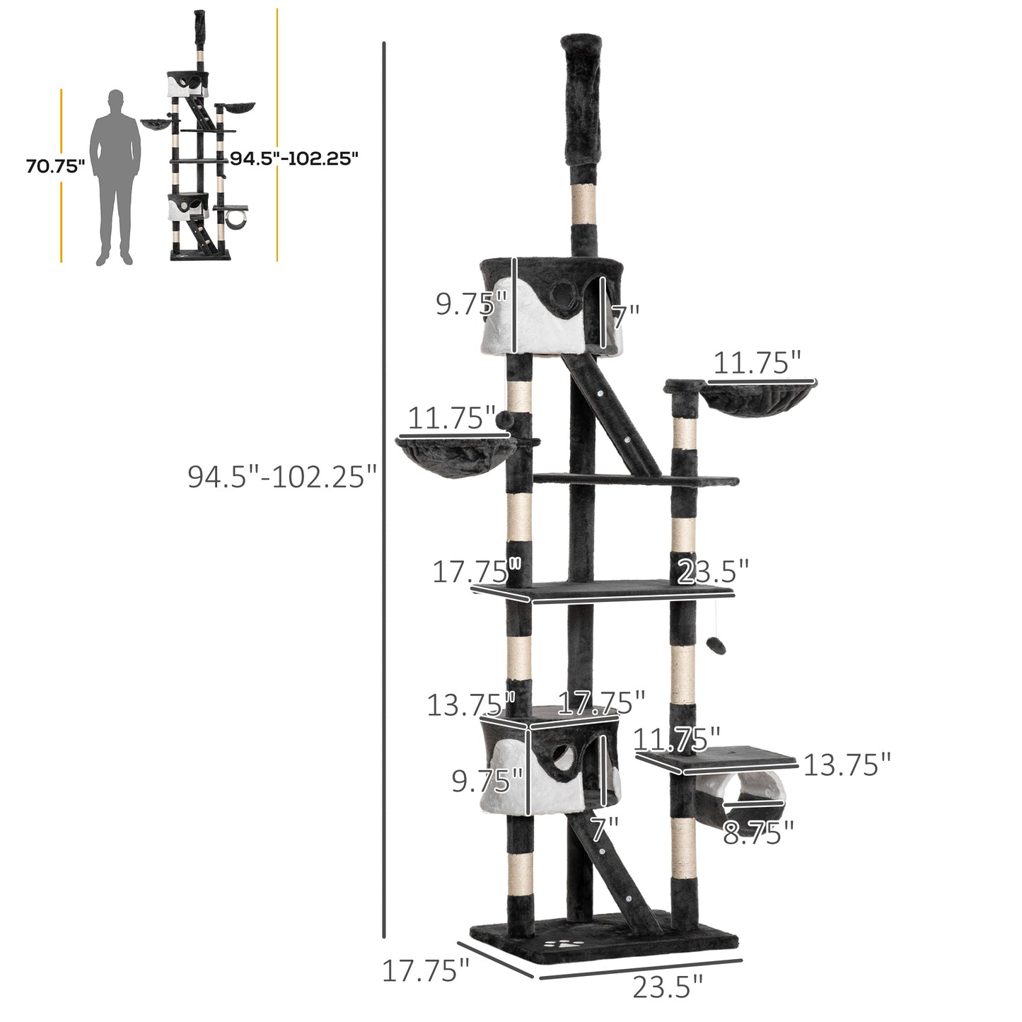 Arbre à chat multi-niveaux ajustable 240-260 cm