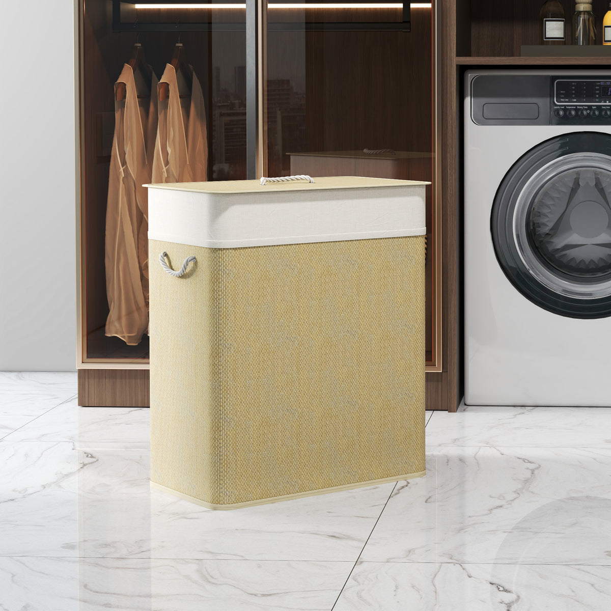 Panier à linge double 100L bambou avec couvercle