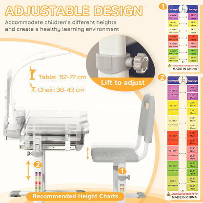 Bureau enfant ajustable avec chaise et lampe LED