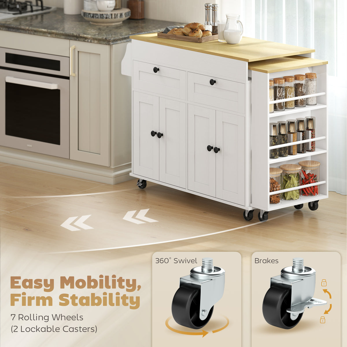 Îlot de cuisine roulant avec plateau extensible et prise