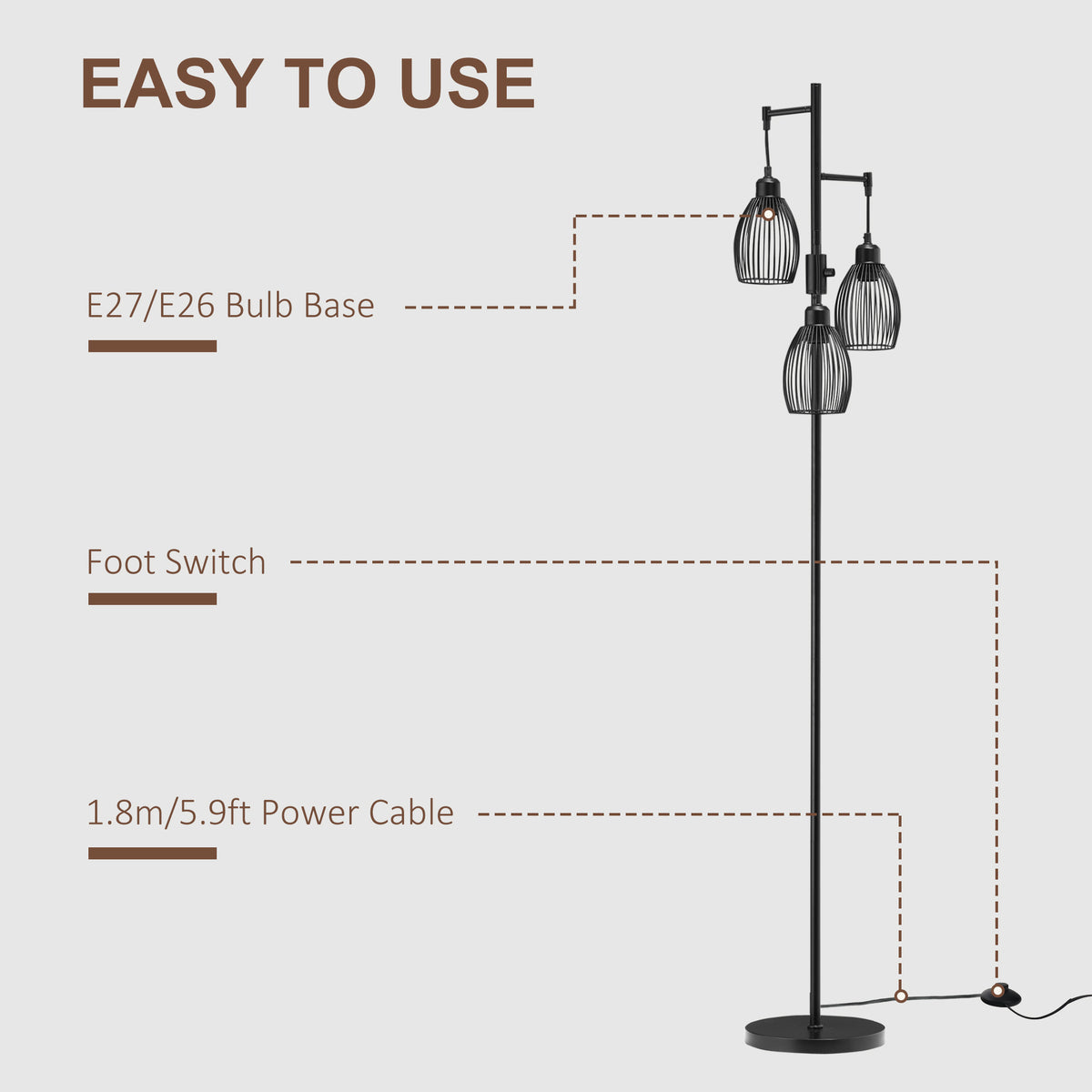 Lampadaire industriel 3 abat-jour suspendus, gradable